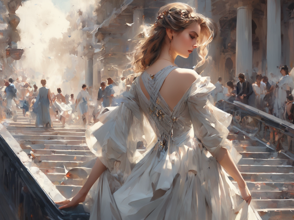 00618-1276886040-1 girl solo in a dress walking down a stairway, jewelry, Artgerm, detailed painting, Big panorama, grand, view of back, full bod.png